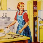 a vintage illustration of the 50s housewife clad in a blue apron, baking in the kitchen