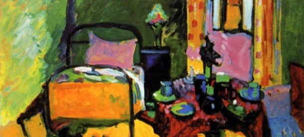 a brightly colored painting of a bedroom by Wassily Kandinksy featuring a wrought iron bed, a small table, and bright mustard yellow floors