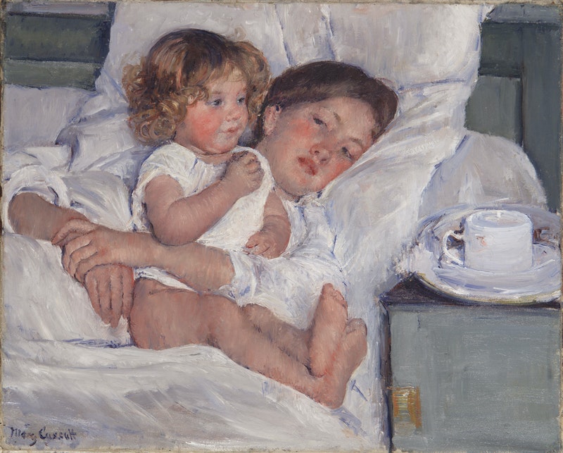 painting of a woman in bed, holding a small child who sits up, perched at the edge of the side table is a cup on a saucer