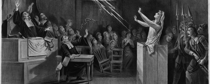 pencil drawing of the interior of a courtroom during the Salem Witch Trials
