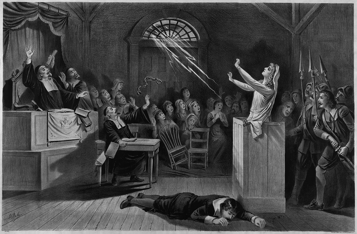 pencil drawing of the interior of a courtroom during the Salem Witch Trials