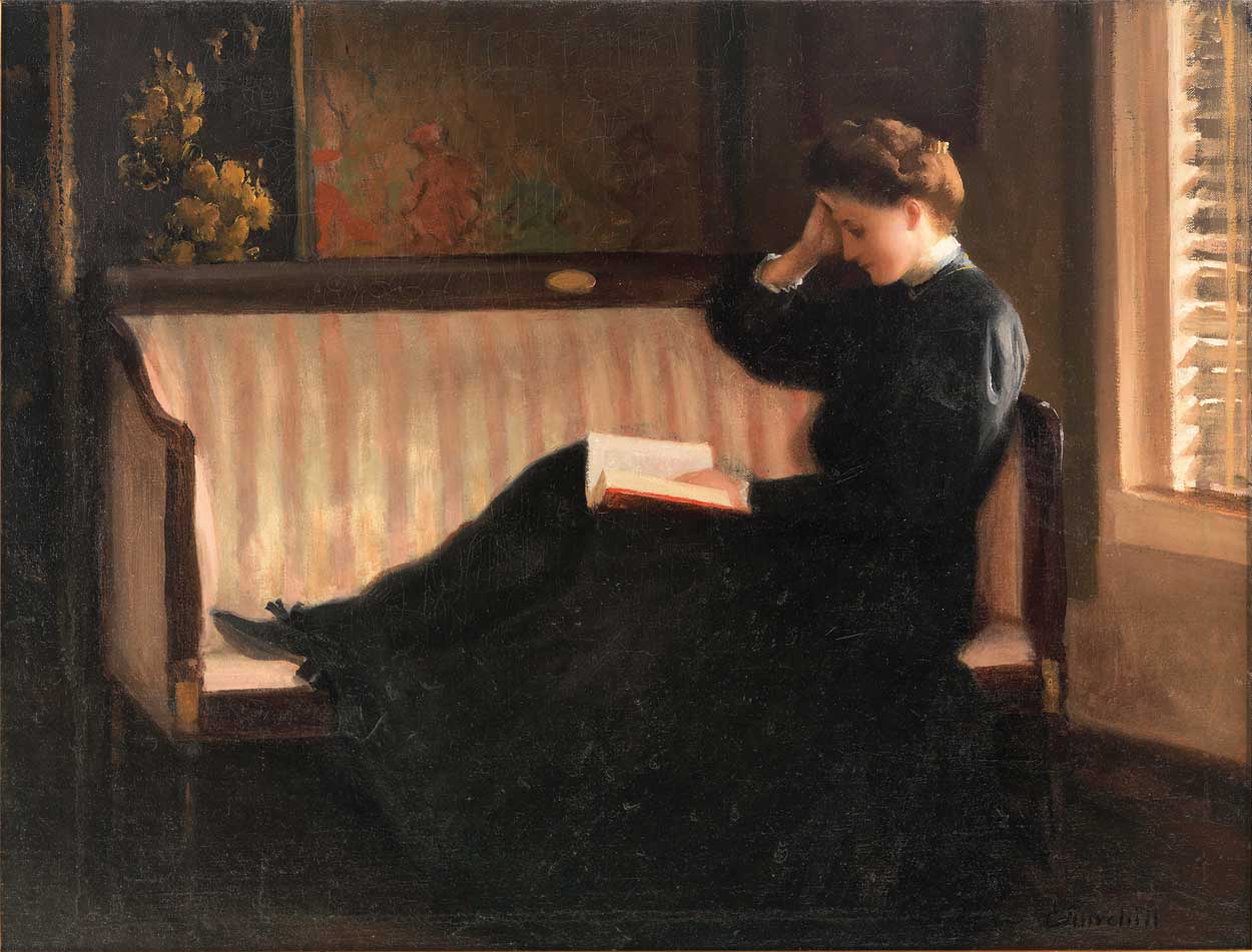 oil painting by Illiam Worchester Churchill of a woman reading in a black dress