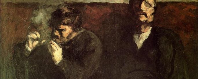 realistic painting "two men sitting with a table or the smokers" by honore daumier