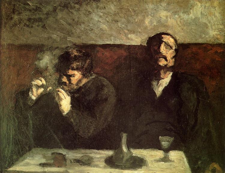realistic painting "two men sitting with a table or the smokers" by honore daumier