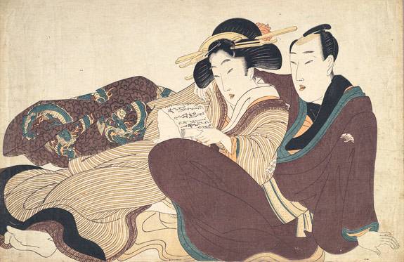 block print depicting a couple reading together 