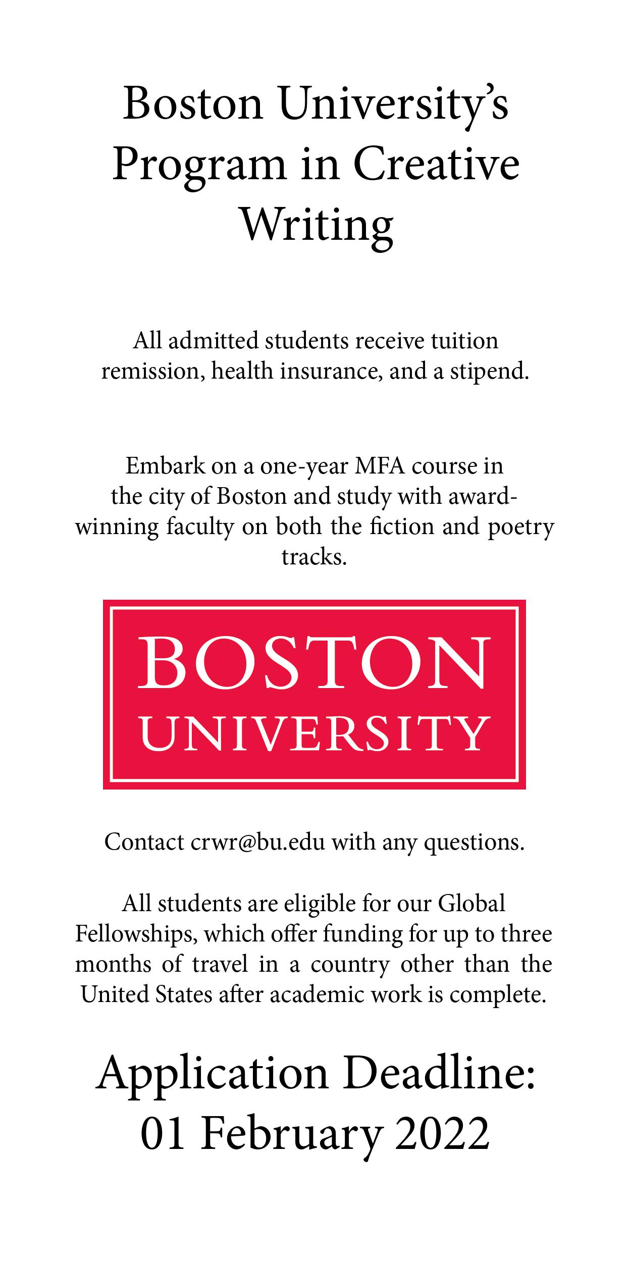 Advertisement for Boston University's program in creative writing
