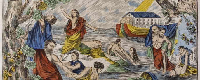 a painting of people struggling in a flood in front of Noah's ark