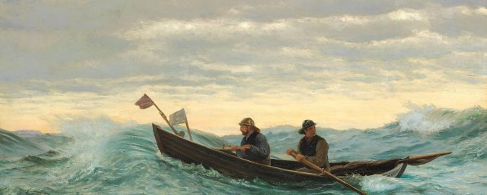 a painting of a father and son in a small wooden boat at sea