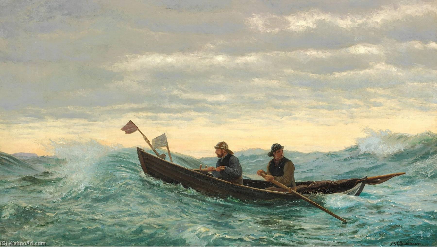 a painting of a father and son in a small wooden boat at sea