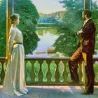 painting of a woman in a white dress and a man in a suit standing on a balcony and looking onto a lake