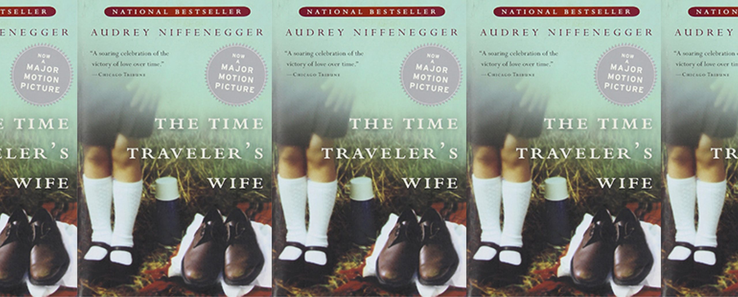 book cover for The Time Traveler's Wife displaying a pair of men's shoes next to the feet and legs of a girl