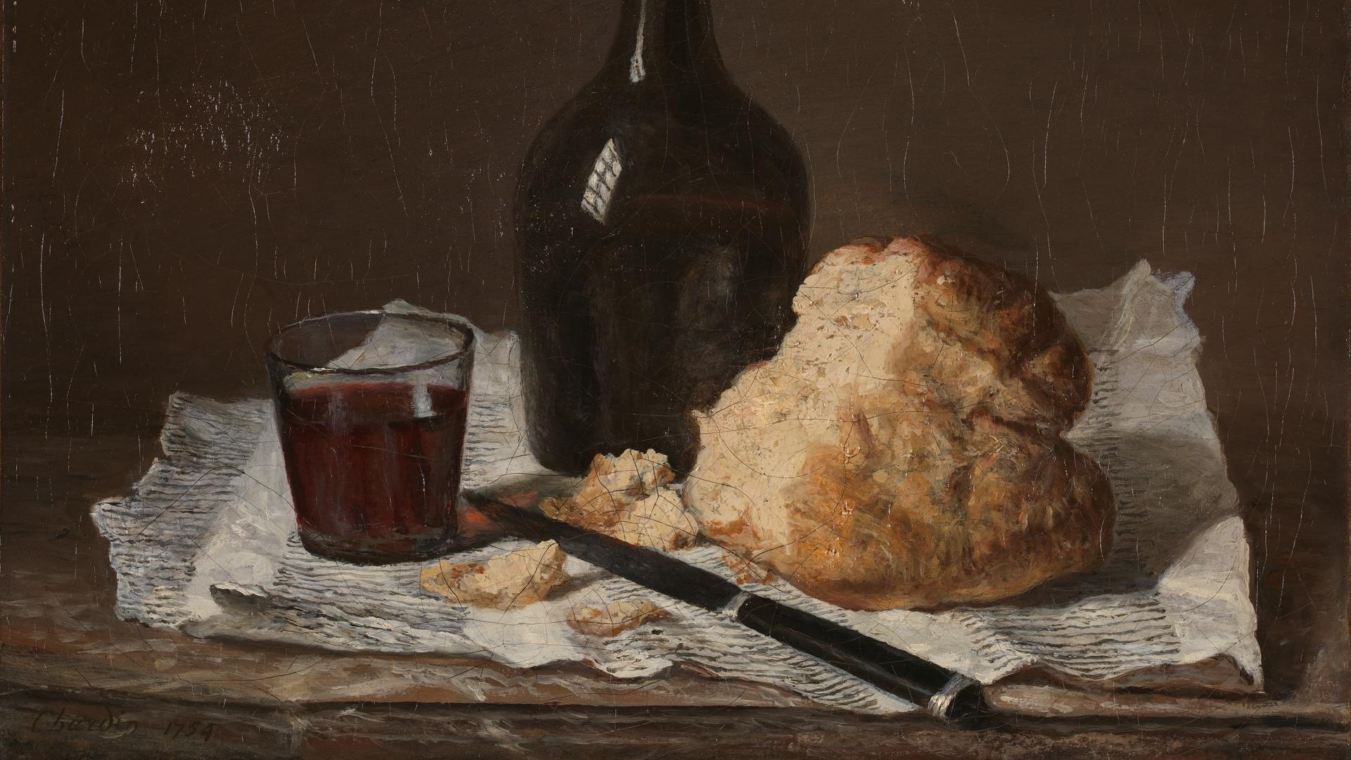 oil painting of a glass of wine, bread, and a bottle on a white cloth with a breadknife