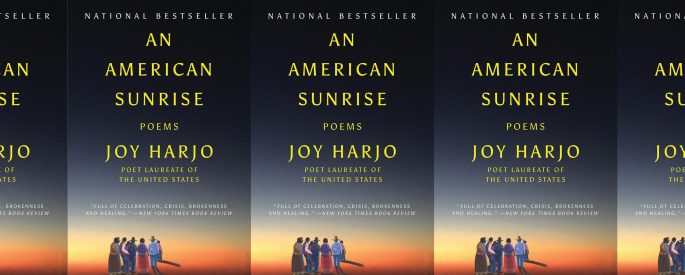 the book cover for An American Sunrise, featuring a group of people walking into a big sunrise