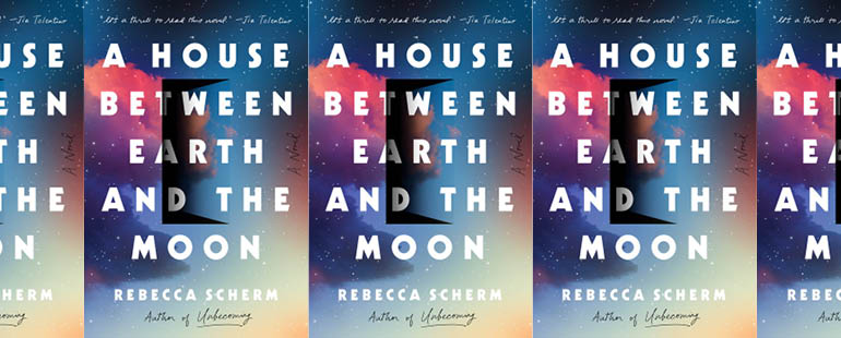 the book cover for A House Between Earth and the Moon featuring a blur of colors over an open door