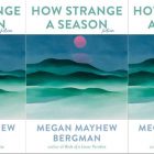the book cover for How Strange a Season featuring a watercolor of mountains against a sky with a red moon