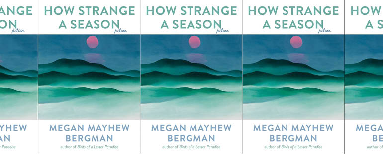 the book cover for How Strange a Season featuring a watercolor of mountains against a sky with a red moon
