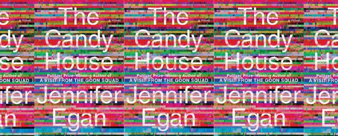 the book cover for The Candy House featuring uneven stripes of bright colors, calling to mind static on a TV