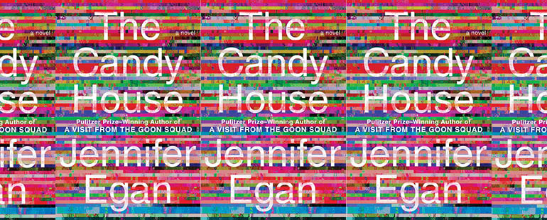 the book cover for The Candy House featuring uneven stripes of bright colors, calling to mind static on a TV or broken pixels on a computer screen