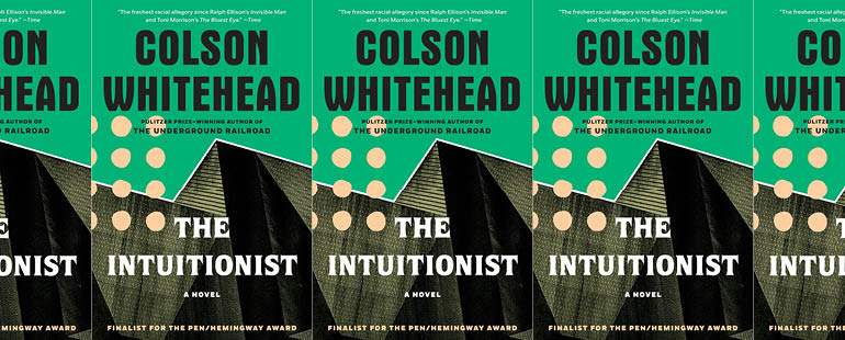 the book cover for The Intuitionist featuring a building against a green background with yellow dots in front of it in vertical rows