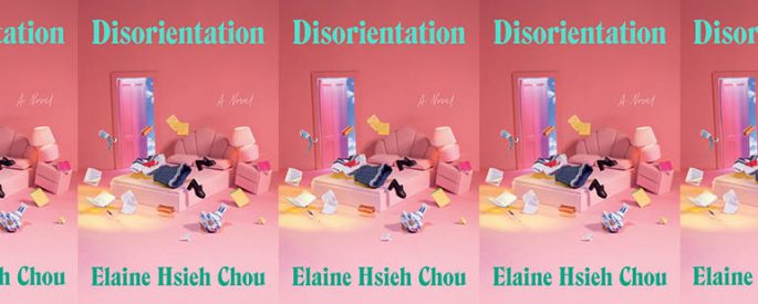 the book cover for Disorientation featuring a messy pink bedroom
