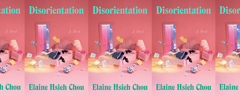 the book cover for Disorientation featuring a messy pink bedroom