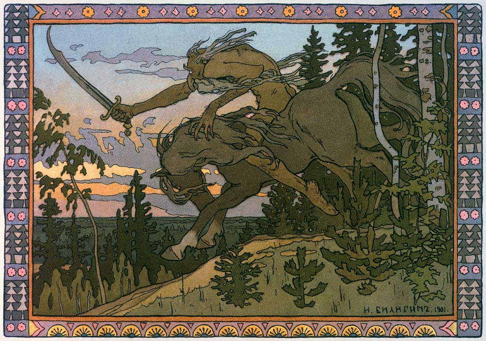 an illustration of an older, naked person with a beard and long hair riding a horse down a mountain