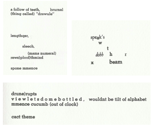 please see pages 6, 9, and 12 of the book's PDF, available at the link at the end of this alt text, to best hear these oddly shaped poems: http://eclipsearchive.org/projects/OCKER/Ocker.pdf