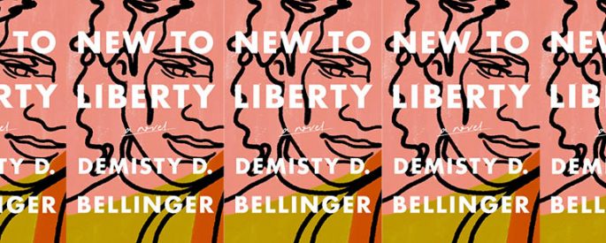 the book cover for New to Liberty featuring an outline of a young woman's face against a pink background