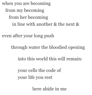 when you are becoming from my becoming from her becoming in line with another & the next & even after your long push through water the bloodied opening into this world this will remain: your cells the code of your life you rest here abide in me