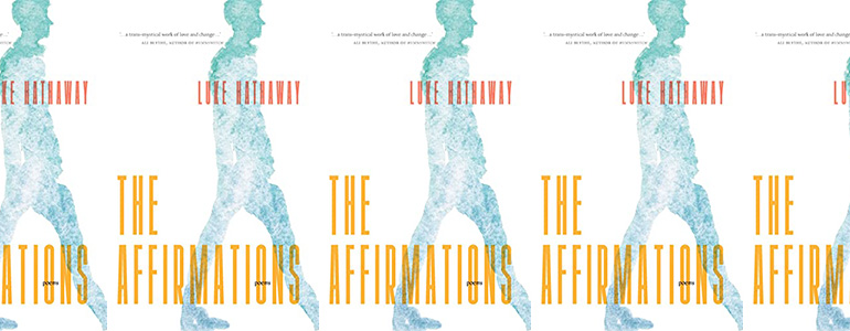 the book cover for The Affirmations, featuring a faded blue stamp of an individual walking across the cover