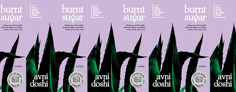 the book cover for Burnt Sugar featuring an aloe plant against a light purple background