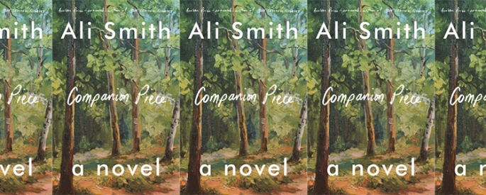 the book cover for Companion Piece, featuring a painting of a forest of trees