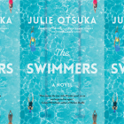 the book cover for The Swimmers featuring an aerial photograph of a few people swimming in lanes in a pool