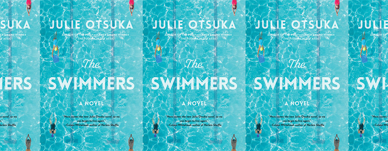 the book cover for The Swimmers featuring an aerial photograph of a few people swimming in lanes in a pool