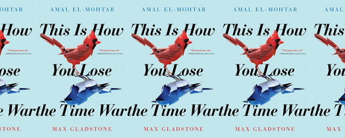 the book cover for This Is How You Lose the Time War featuring a red bird and a blue bird positioned as mirror images of each other against a light blue background