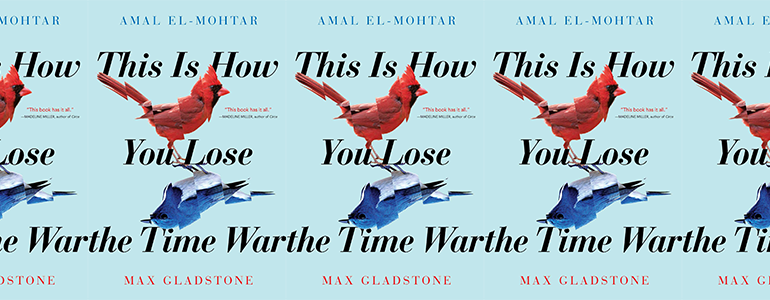 the book cover for This Is How You Lose the Time War featuring a red bird and a blue bird positioned as mirror images of each other against a light blue background