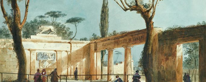 a painting of a few people walking through some Roman ruins in the daytime