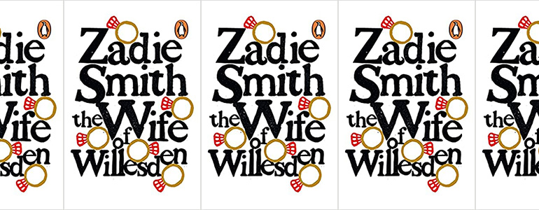 the book cover for The Wife of Willesden featuring the title and some drawings of rings with pink gems