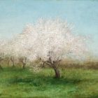 a painting of a blossoming apple tree against a blue sky and green grass