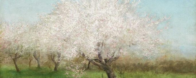 a painting of a blossoming apple tree against a blue sky and green grass