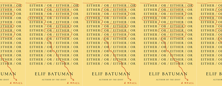 the book cover for Either/Or, featuring the title repeated with editing marks on it