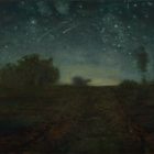 a painting of a path through a field at night, with a star-filled sky above