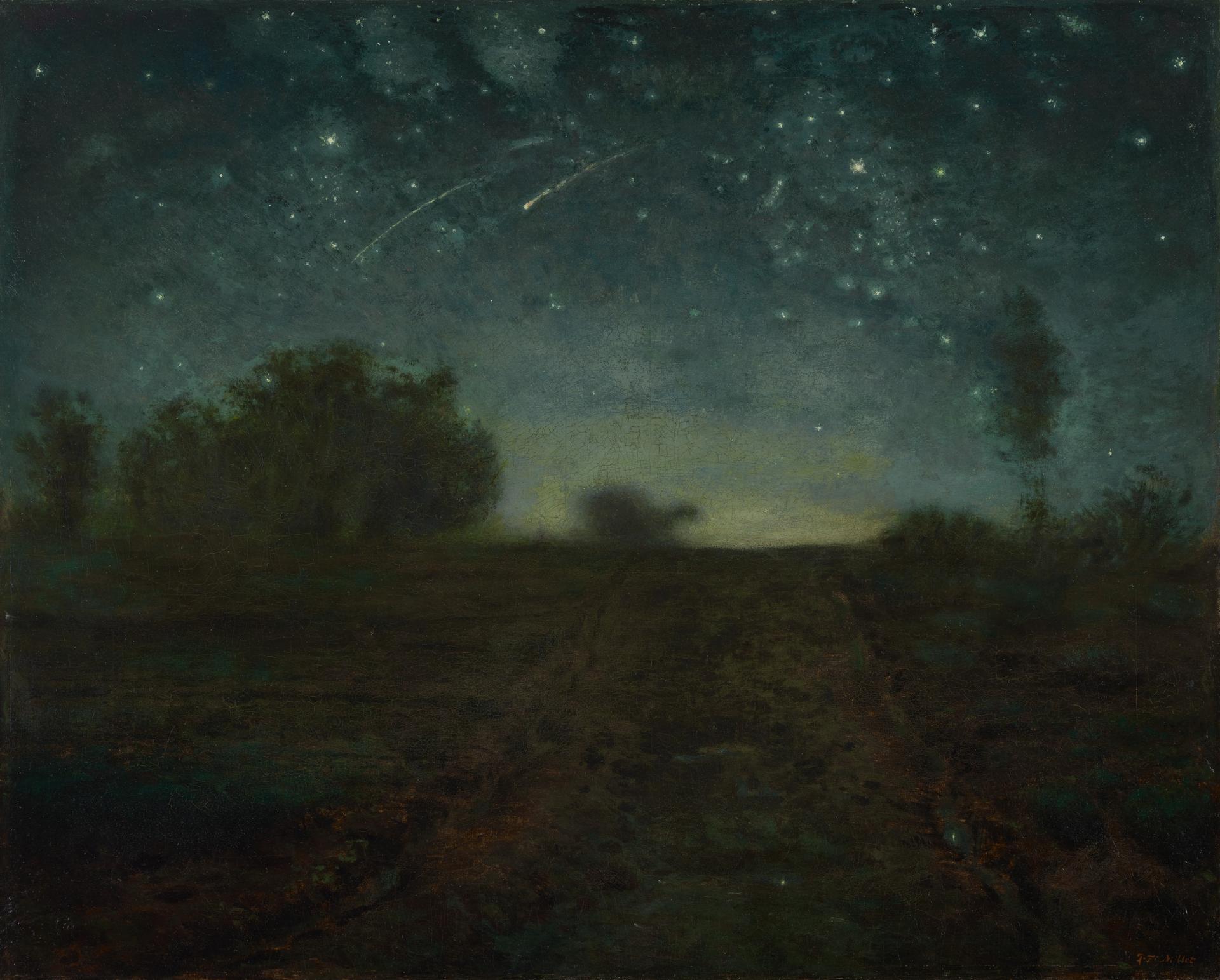 a painting of a path through a field at night, with a star-filled sky above