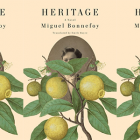 the book cover for Heritage, featuring an illustration of a lemon tree in front of an old photograph of a young man