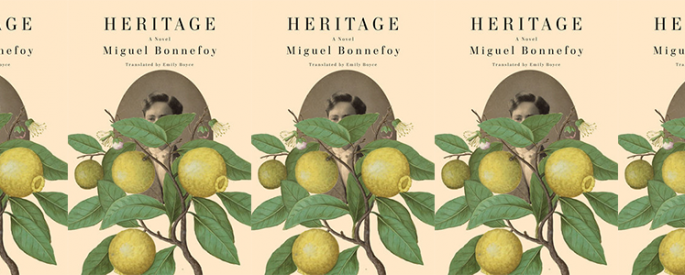 the book cover for Heritage, featuring an illustration of a lemon tree in front of an old photograph of a young man