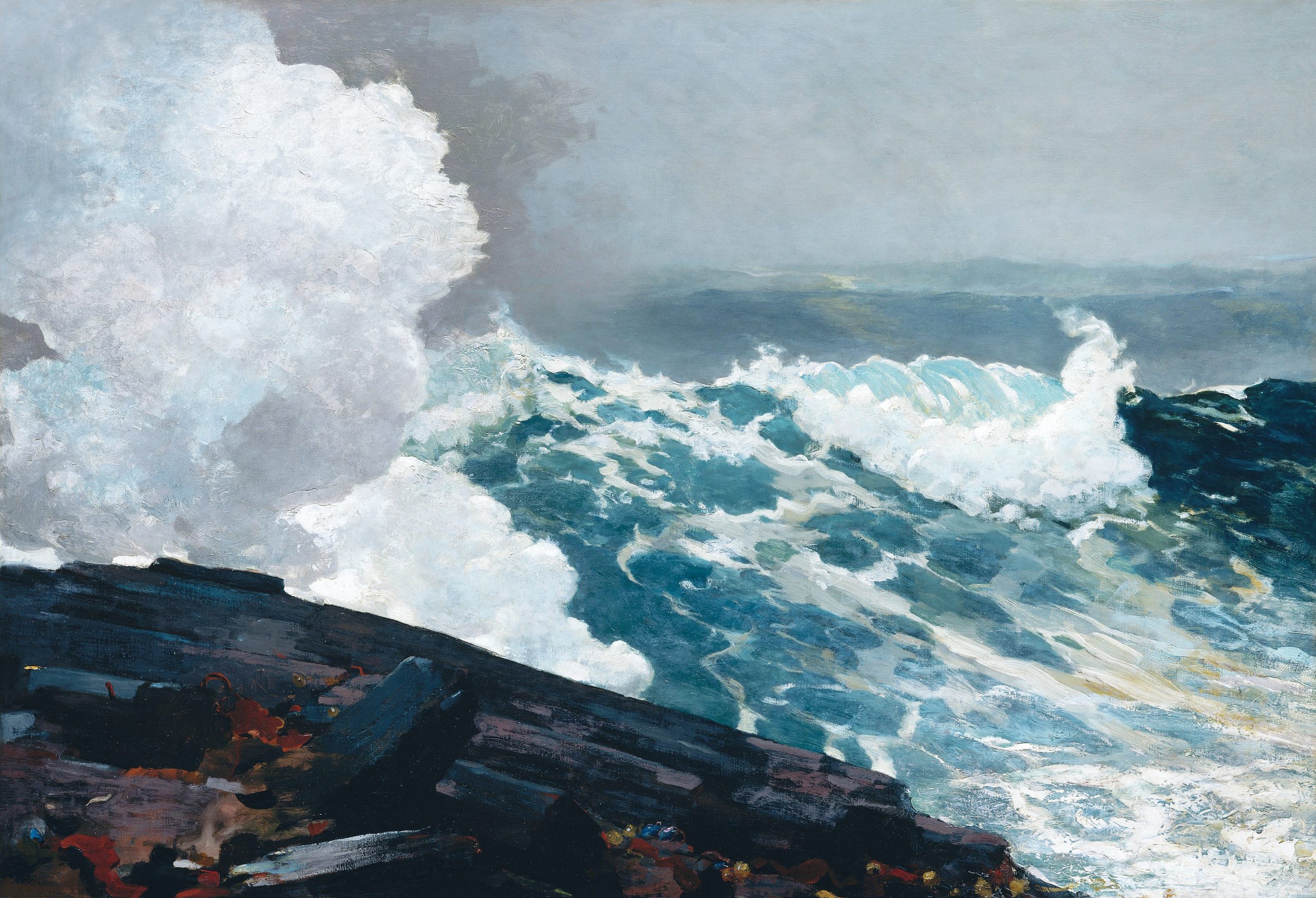 a painting of a wave crashing against rocks