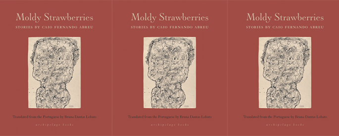 the book cover for Moldy Strawberries featuring a red background and an abstract illustration in black ink against a cream colored background