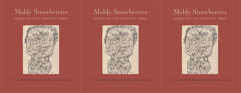la portada del libro Moldy Strawberries con un fondo rojo y una ilustración abstracta en tinta negra sobre un fondo de color crema