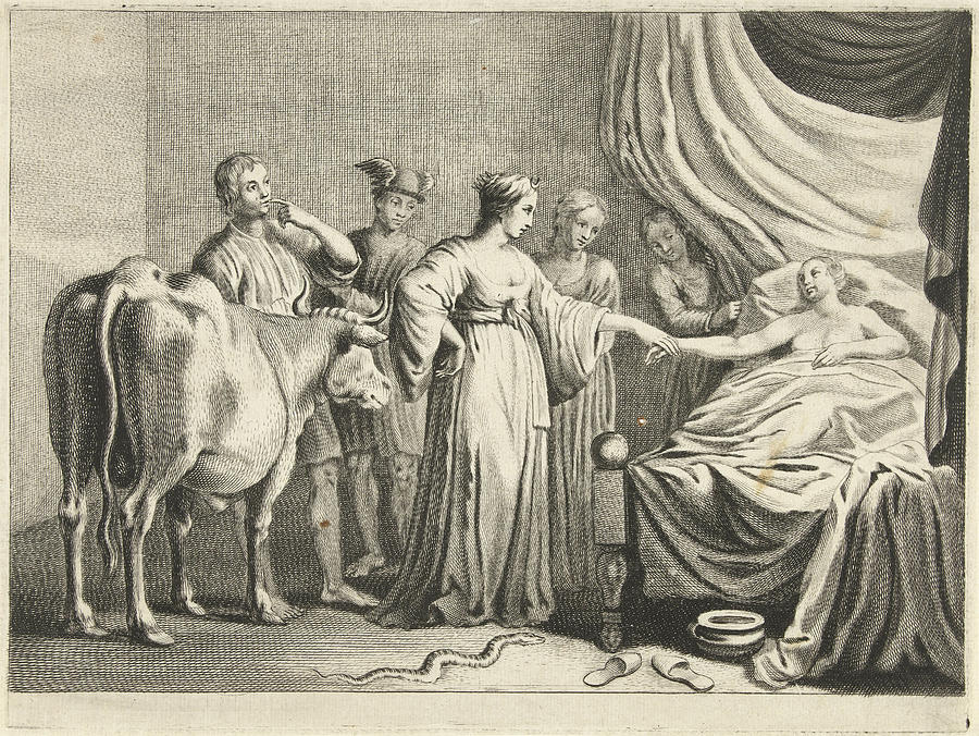 a black and white drawing of a person lying on a bed with a woman holding their hand; a small crowd and a cow are nearby