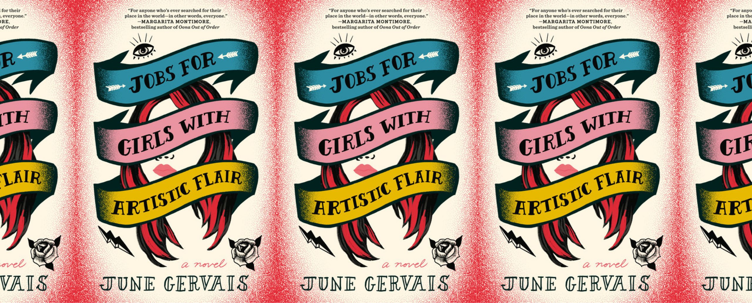 la portada del libro Jobs for Girls with Artistic Flair, con el título estilizado como un tatuaje sobre el tatuaje de la cara de una mujer